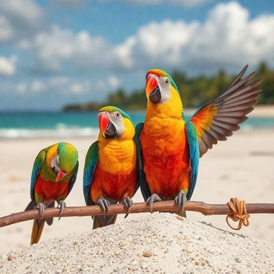 The image features three colorful parrots standing on a branch in a sandy area. The parrots are positioned close to each other, with one on the left, one in the middle, and one on the right. The sandy area appears to be a beach, and the parrots seem to be enjoying their time together. The vibrant colors of the parrots create a lively and cheerful atmosphere in the scene.